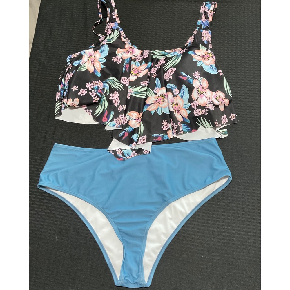 Womens 3XL Floral Flounce Bikini Set High Waisted Blue Two Piece Swimsuit